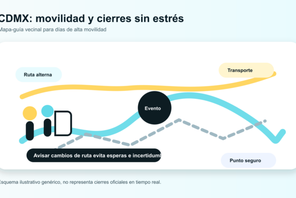 Mapa ilustrativo de rutas alternas y coordinación vecinal durante cierres viales en CDMX