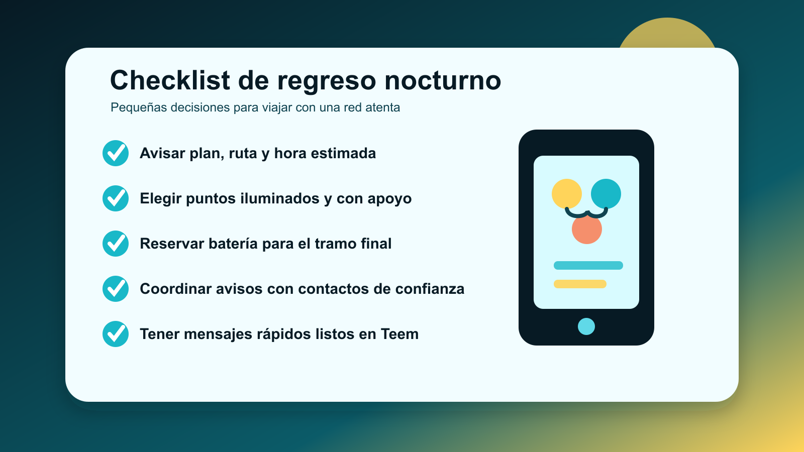 Checklist de regreso nocturno con avisos, batería, ruta y contactos de confianza